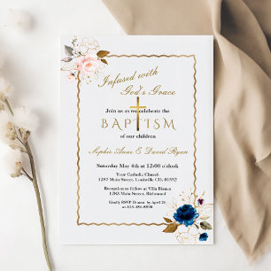 Elegant Pink Blue Gold Flowers Twins Baptism Invitation