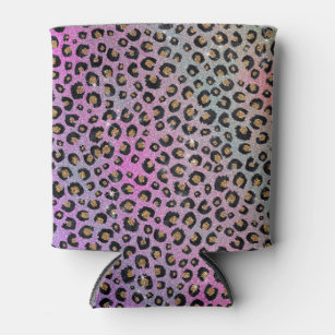 Elegant Pink Blue Gold Glitter Black Leopard Print Can Cooler