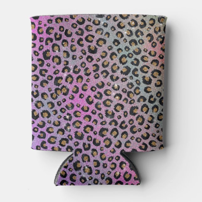 Elegant Pink Blue Gold Glitter Black Leopard Print Can Cooler (Front)
