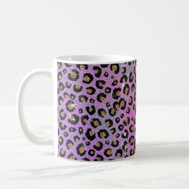 Elegant Pink Blue Gold Glitter Black Leopard Print Coffee Mug (Left)