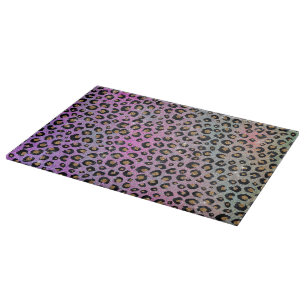 Elegant Pink Blue Gold Glitter Black Leopard Print Cutting Board
