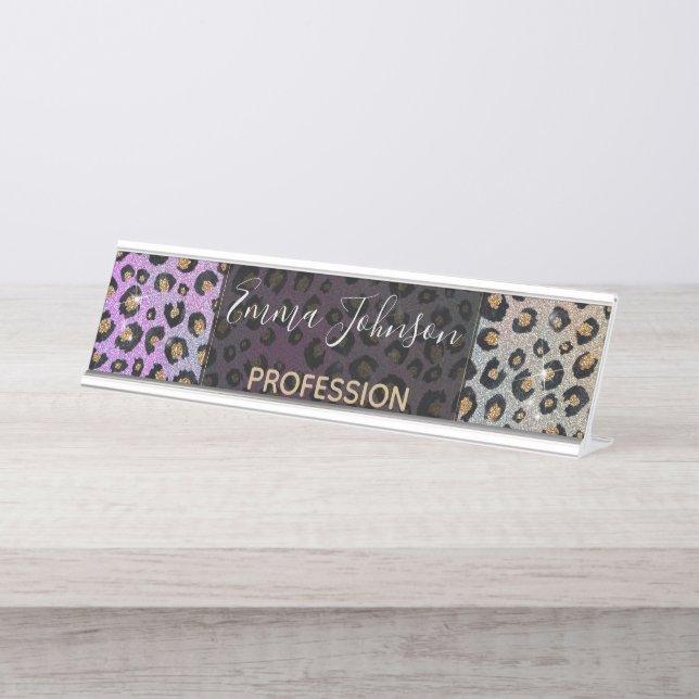 Elegant Pink Blue Gold Glitter Black Leopard Print Desk Name Plate (Front)