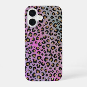Elegant Pink Blue Gold Glitter Black Leopard Print iPhone 16 Case