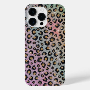 Elegant Pink Blue Gold Glitter Black Leopard Print iPhone 14 Pro Max Case