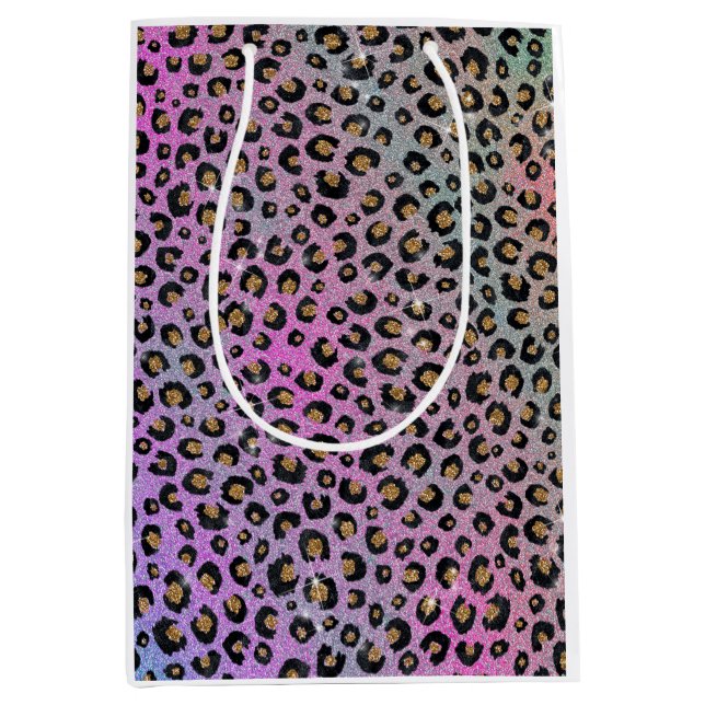 Elegant Pink Blue Gold Glitter Black Leopard Print Medium Gift Bag (Front)