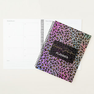 Elegant Pink Blue Gold Glitter Black Leopard Print Planner