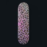 Elegant Pink Blue Gold Glitter Black Leopard Print Skateboard<br><div class="desc">Stylish black and gold leopard print and faux pink and blue glitter gradient chic photo, black, yellow gold, brown, black, pink, purple, classic blue, mint, green and white colours shining gradient, leopard, cheetah cat animal print pattern, glamourous black leopard animal print, unique vibrant fashion colours, glam shining sparkles faux glitter...</div>
