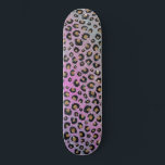 Elegant Pink Blue Gold Glitter Black Leopard Print Skateboard<br><div class="desc">Stylish black and gold leopard print and faux pink and blue glitter gradient chic photo, black, yellow gold, brown, black, pink, purple, classic blue, mint, green and white colours shining gradient, leopard, cheetah cat animal print pattern, glamourous black leopard animal print, unique vibrant fashion colours, glam shining sparkles faux glitter...</div>