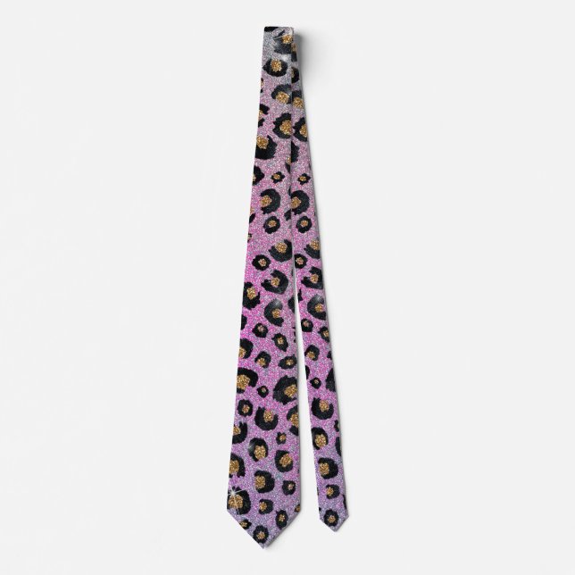 Elegant Pink Blue Gold Glitter Black Leopard Print Tie (Front)