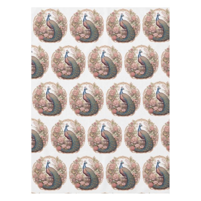 Elegant Pink Blue Gold Peacock Pattern Tablecloth (Front)