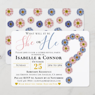 Elegant Pink Blue He or She Floral Gender Reveal Invitation