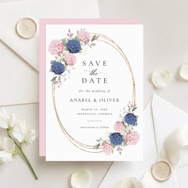 Elegant Pink Blue Hydrangea Wedding Save the Date Invitation (Creator Uploaded)