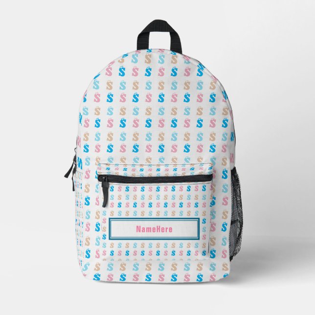 Elegant Pink Blue Monogram Pattern Name Customised Printed Backpack (Front)