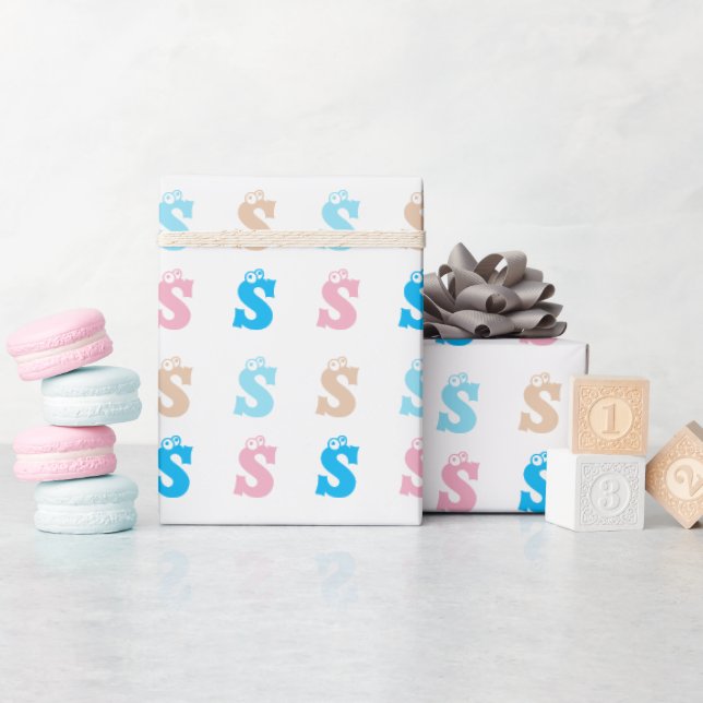 Elegant Pink Blue Monogrammed Fun Letter Pattern Wrapping Paper (Baby Shower)