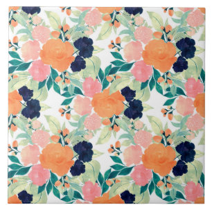 Elegant Pink Blue & Orange Floral Watercolor paint Ceramic Tile