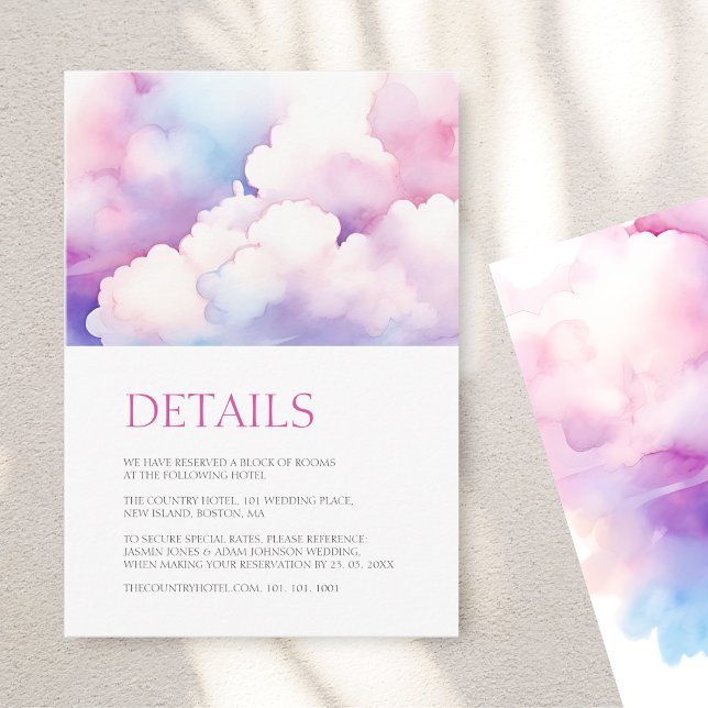 Elegant Pink Blue Watercolor Cloud Wedding Details Enclosure Card (Elegant Pink Blue White Clouds Monogram Wedding Enclosure Card)