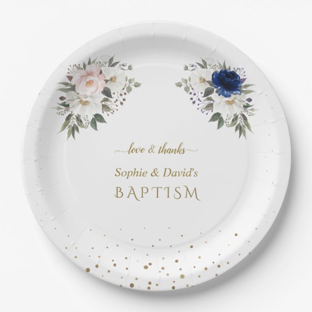 Elegant Pink Blue White Flowers Twins Baptism   Paper Plate (Front)