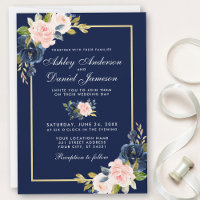 Elegant Pink Blush Blue Floral Wedding Gold Frame