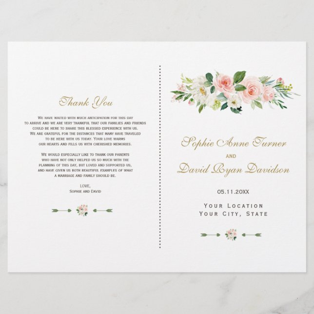 Elegant Pink blush Cream Floral Wedding Program (Front)