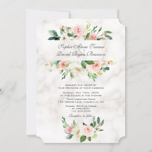 Elegant Pink Blush Cream Flowers Marble Wedding Invitation