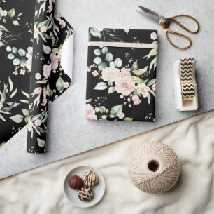 Elegant Pink Blush Eucalyptus Black Wrapping Paper