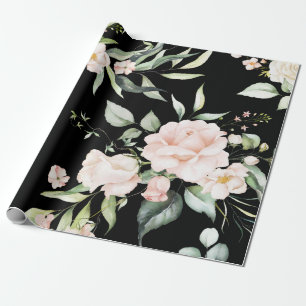 Elegant Pink Blush Eucalyptus Greenery Black Wrapping Paper