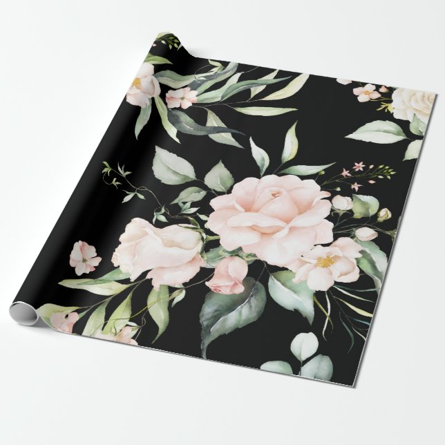Elegant Pink Blush Eucalyptus Greenery Black Wrapping Paper (Unrolled)