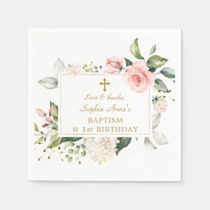 Elegant Pink Blush Floral 1st Birthday Baptism Napkin