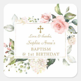 Elegant Pink Blush Floral 1st Birthday Baptism Square Sticker