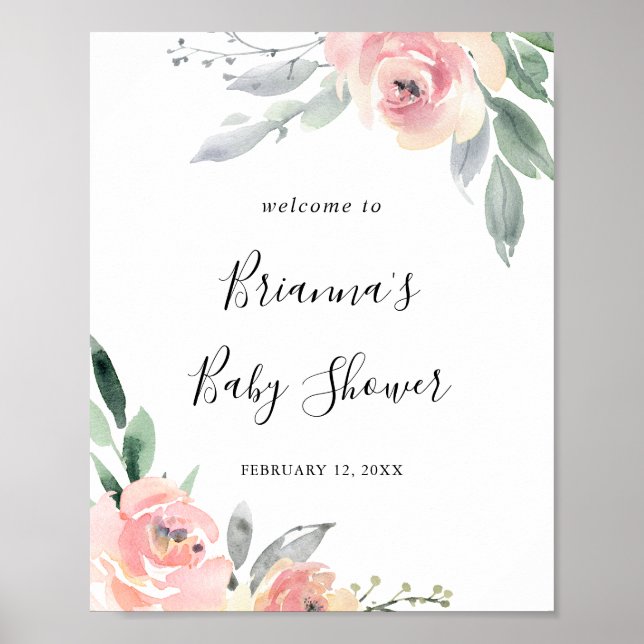 Elegant Pink Blush Floral Baby Shower Welcome Poster (Front)