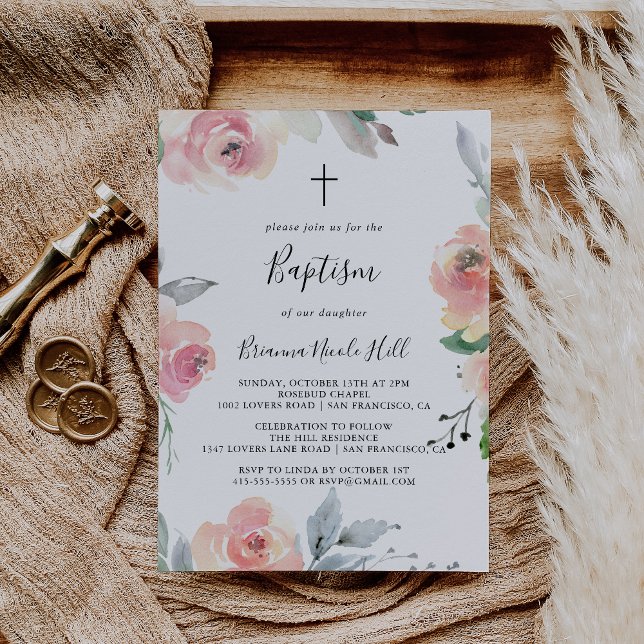 Elegant Pink Blush Floral Baptism Invitation (Creator Uploaded)