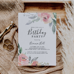 Elegant Pink Blush Floral Birthday Party Invitation