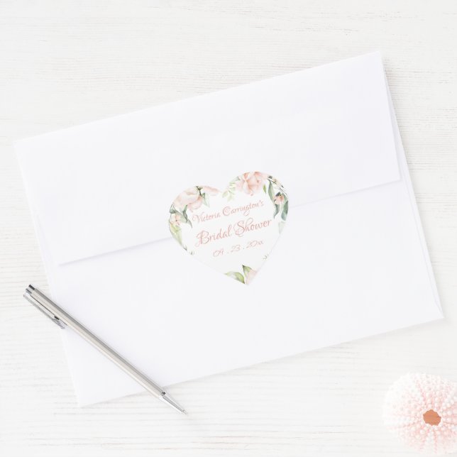 Elegant Pink Blush Floral Bridal Shower  Heart Sticker (Envelope)
