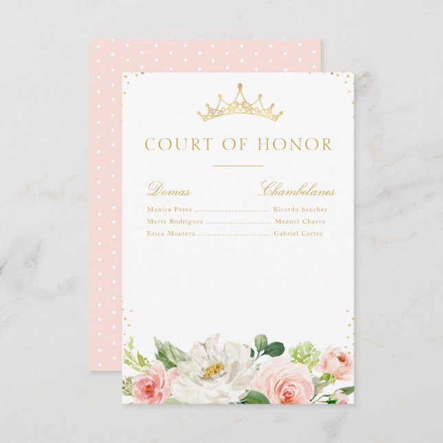 Elegant pink blush floral court of honour card (Front/Back)