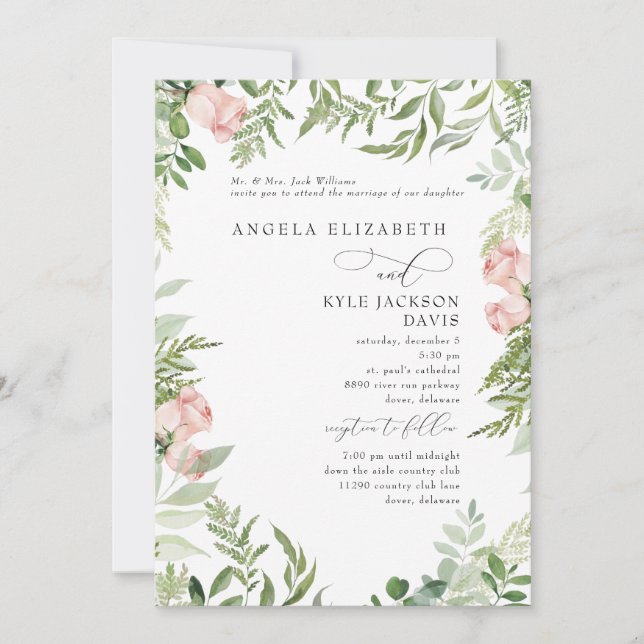 Elegant Pink/Blush Floral Eucalyptus 2 Venue Invitation (Front)
