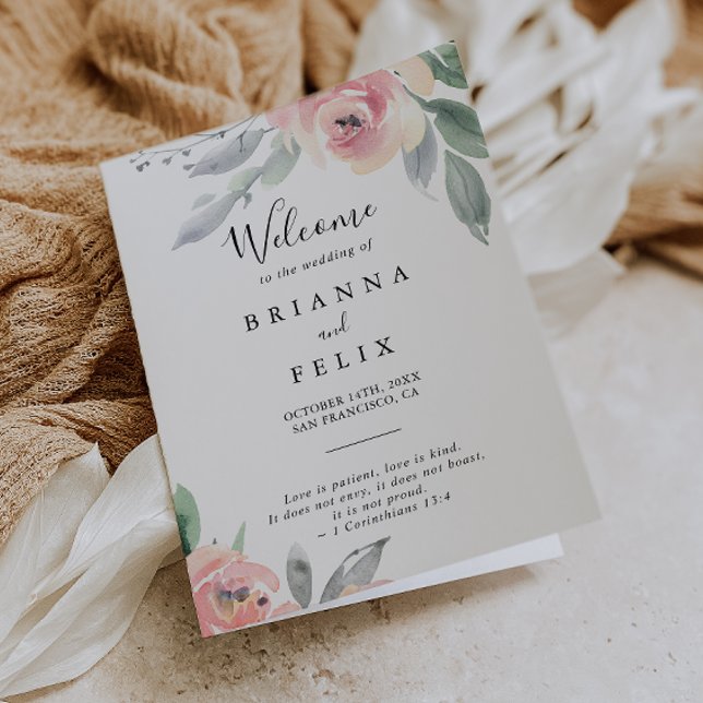 Elegant Pink Blush Floral Folded Wedding Program (Creator Uploaded)
