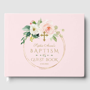 Elegant Pink Blush Floral Gold Cross Baptism Guest Book