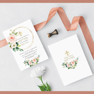 Elegant Pink Blush Floral Gold Cross Baptism Invitation