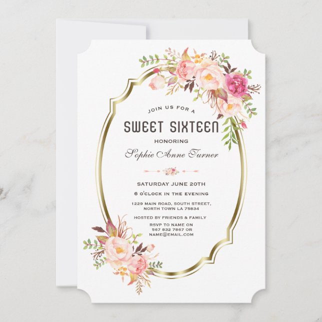 Elegant Pink Blush Floral Gold Frame  Sweet 16 Invitation (Front)