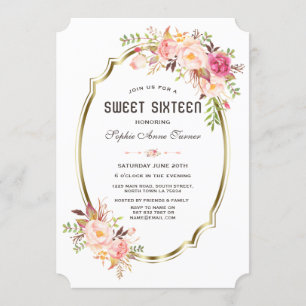 Elegant Pink Blush Floral Gold Frame  Sweet 16 Invitation