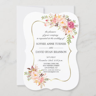 Elegant Pink Blush Floral Gold Frame Wedding Invitation