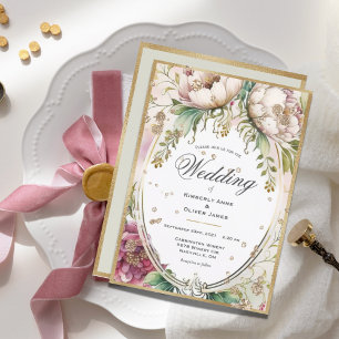 Elegant Pink Blush Floral Gold Wedding Invitation