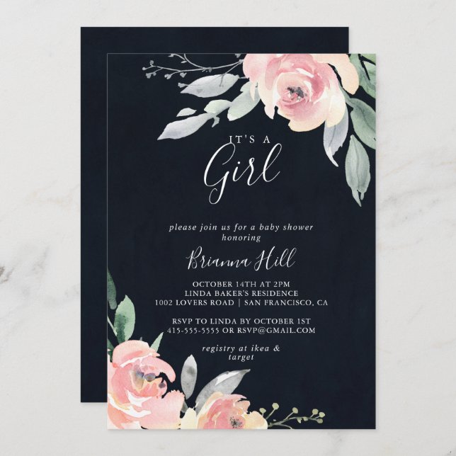 Elegant Pink Blush Floral It's A Girl Baby Shower  Invitation (Front/Back)
