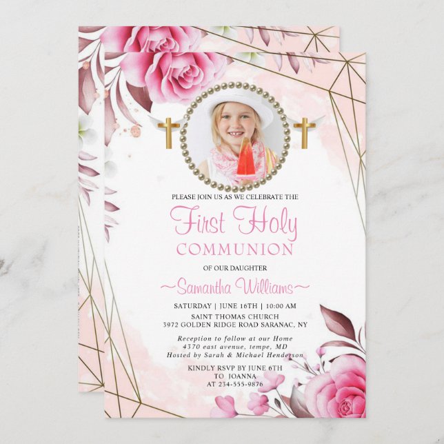 Elegant Pink Blush Floral Photo First Communion  I Invitation (Front/Back)