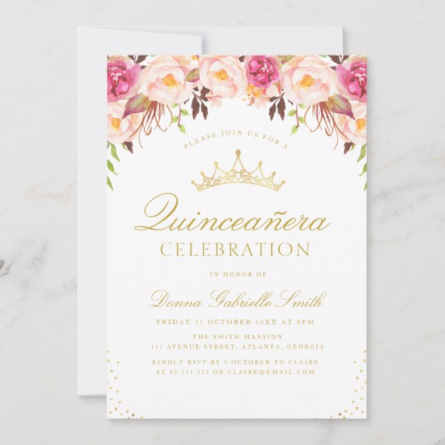 Elegant pink blush floral Quinceanera invitation (Front)