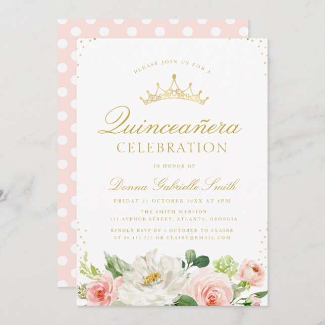 Elegant pink blush floral Quinceanera invitation (Front/Back)
