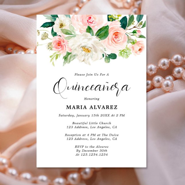 Elegant Pink Blush Floral Quinceañera Invitation  (Creator Uploaded)