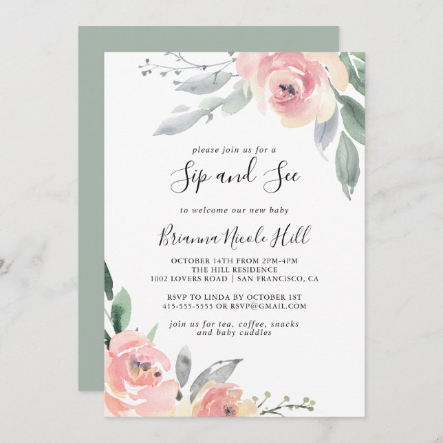 Elegant Pink Blush Floral Sip and See Invitation (Front/Back)