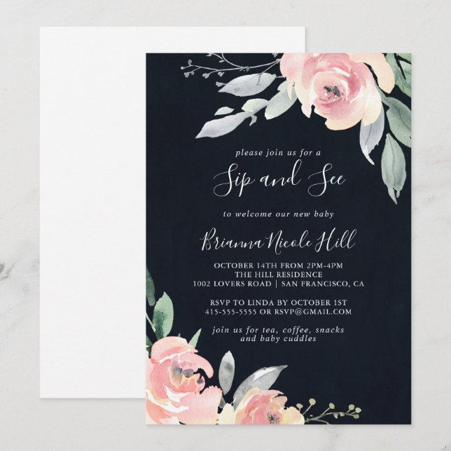 Elegant Pink Blush Floral Sip and See Invitation (Front/Back)