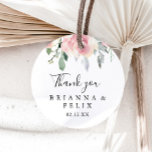 Elegant Pink Blush Floral Thank You Wedding Favour Classic Round Sticker<br><div class="desc">This elegant pink blush floral thank you wedding favour classic round sticker is perfect for a modern wedding. The design features hand-drawn pink blush roses and peonies with green and grey leaves, inspiring natural beauty. Make the sticker labels your own by including your names, the event (if applicable), and the...</div>